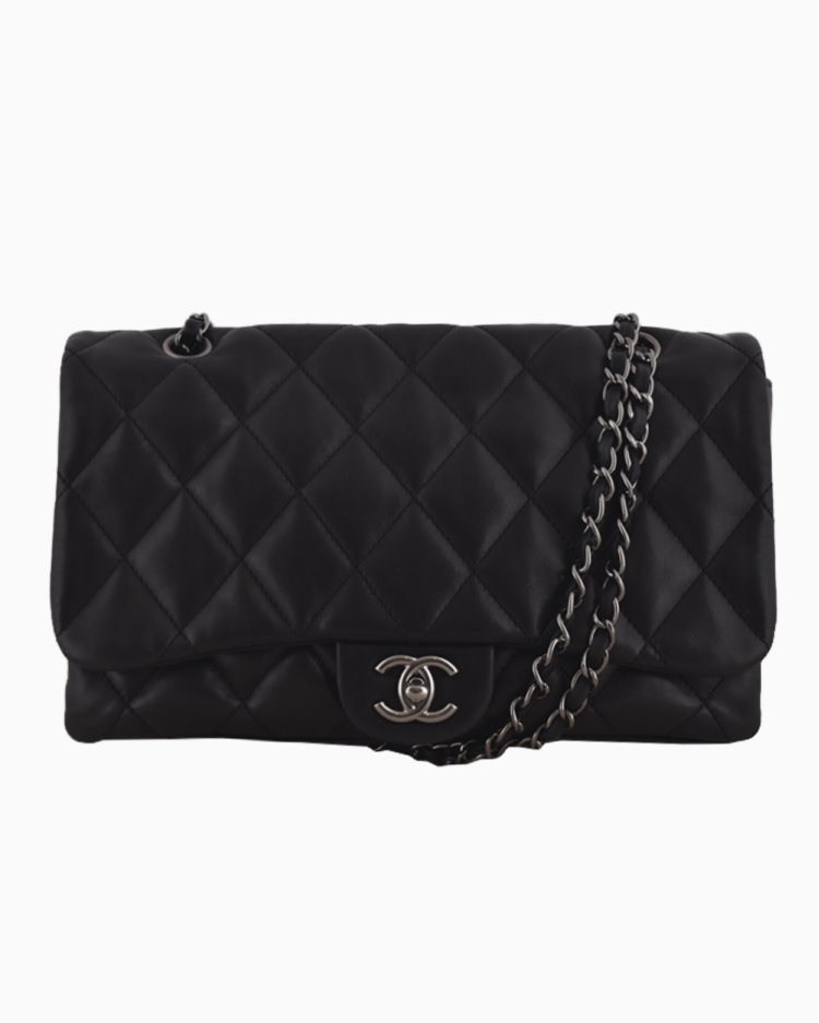Bolsa Chanel Original 3 Accordion Quilted Lambskin Flap Preta Feminina